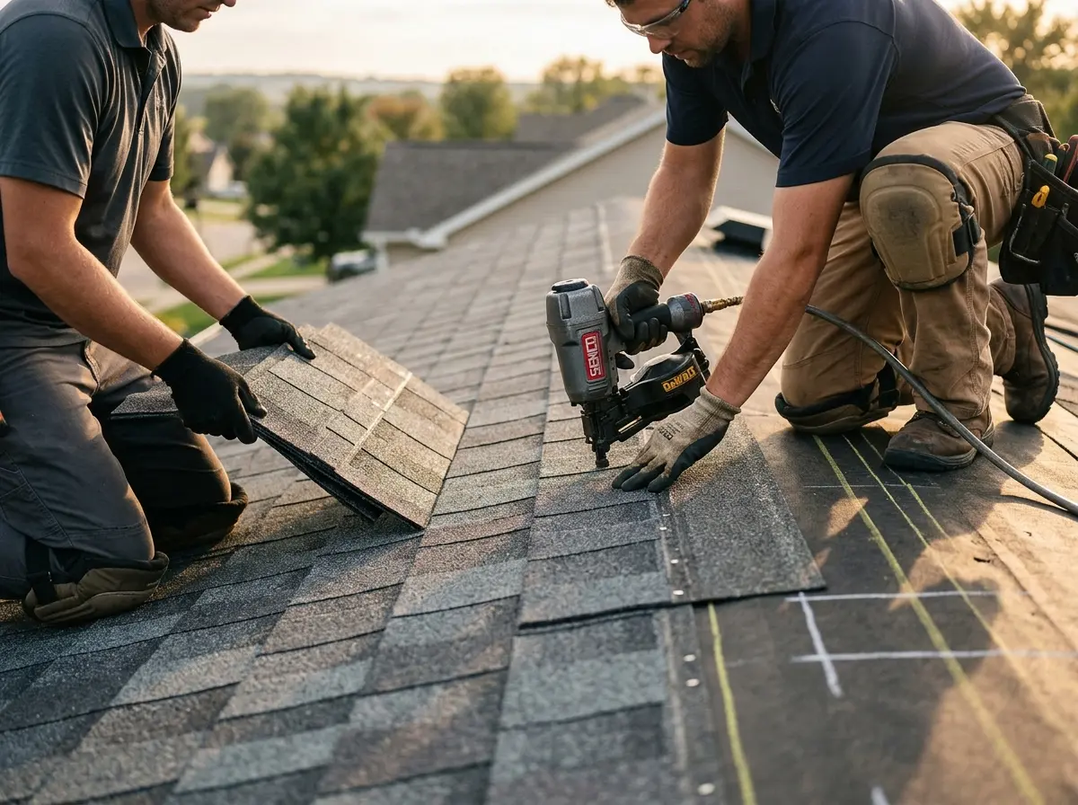 Professional roofer working on a residential roof in Star